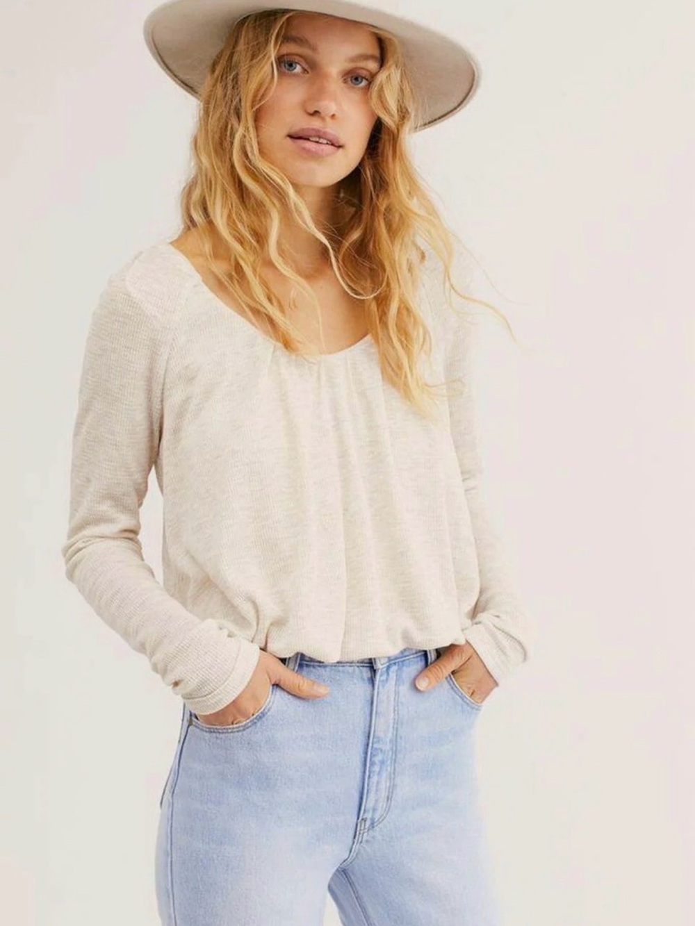 Free People Bondi Oatmeal Heather Cream Scoop Neck Long Sleeve Top